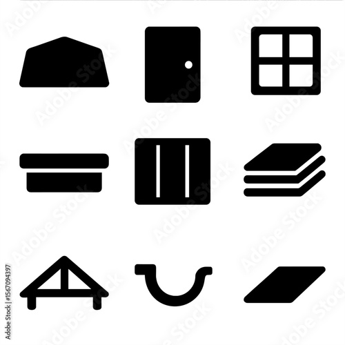 Shed Structure Icons. Solid, filled icon set of shed structure components: roof panel, door, window frame, foundation slab, wall