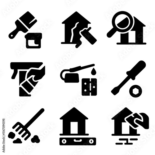 Shed Maintenance Icons. Solid, filled icon set of maintenance tasks for a shed: painting, sealing cracks, checking roof, cleaning