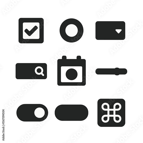 Input Controls Icons. Solid, filled icons set of input controls microinteractions: checkbox, radio button,