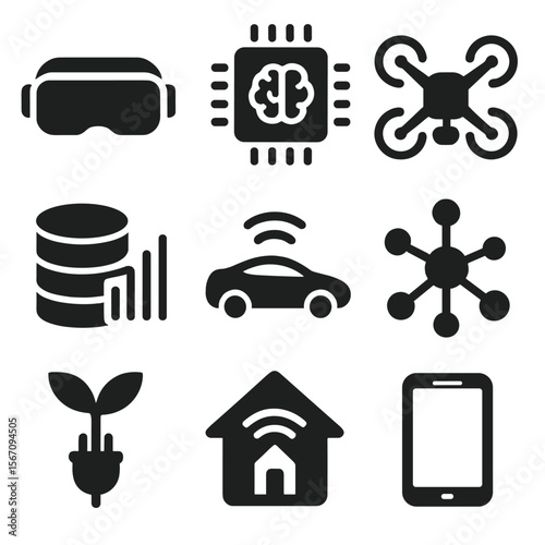 Innovative Tech Icons. Solid, filled icons set of innovative tech solutions: VR headset, AI chip, drone icon,