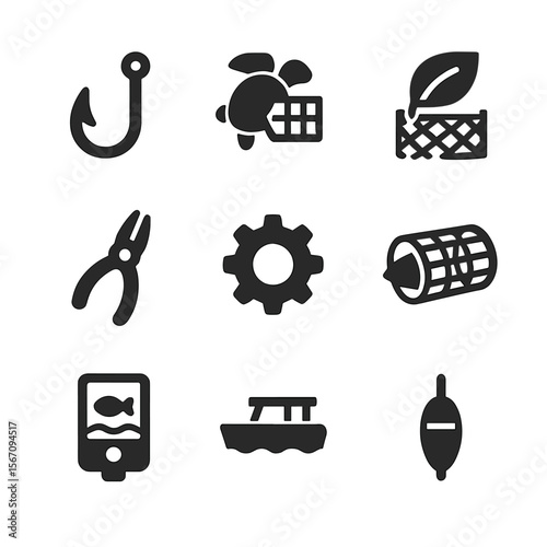 Innovative Fishing Gear Icons. Solid, filled icons set of fishing gear innovation: circle hook, turtle