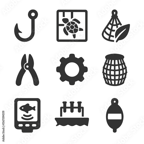 Innovative Fishing Gear Icons. Solid, filled icons set of fishing gear innovation: circle hook, turtle