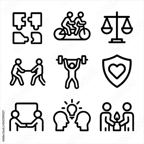 Teamwork Icon Set. Solid, filled icon set of teamwork and resilience: two puzzle pieces fitting, tandem cycling, balanced scales,