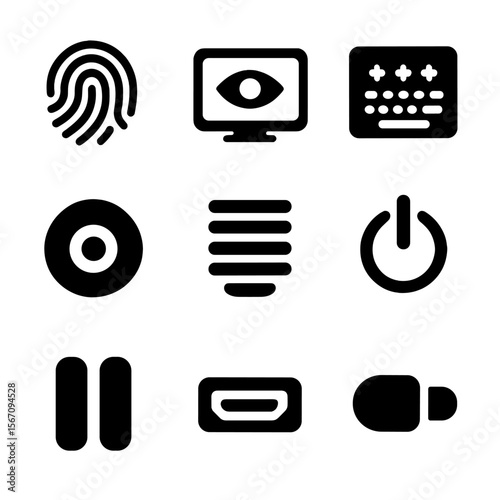 Tech Icons Grid. Solid, filled icon set of mobile and laptop hardware features: fingerprint sensor, retina display, keyboard