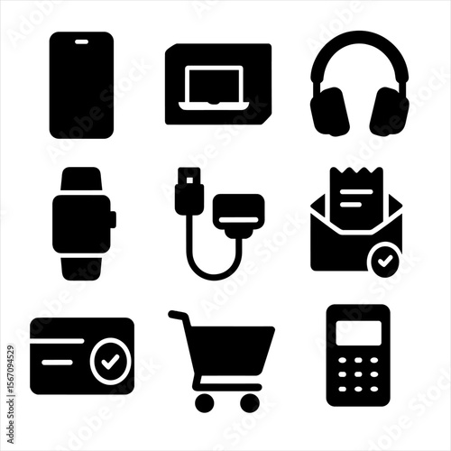 Tech and Shopping Icons. Solid, filled icon set of tech shopping spree: smartphone, laptop box, headphones, smartwatch, USB cable,