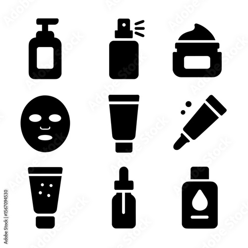 Skincare Icons Grid. Solid, filled icon set of skincare products: cleanser bottle, toner spray, moisturizer jar, sunscreen tube,
