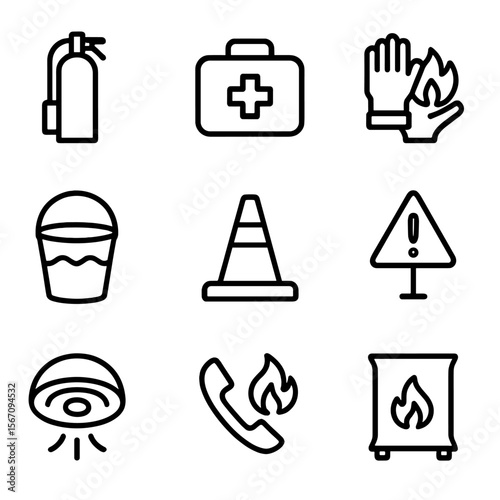 Outdoor Safety Icons. Solid, filled icon set of outdoor cooking safety: fire extinguisher, first aid kit, fireproof gloves, water