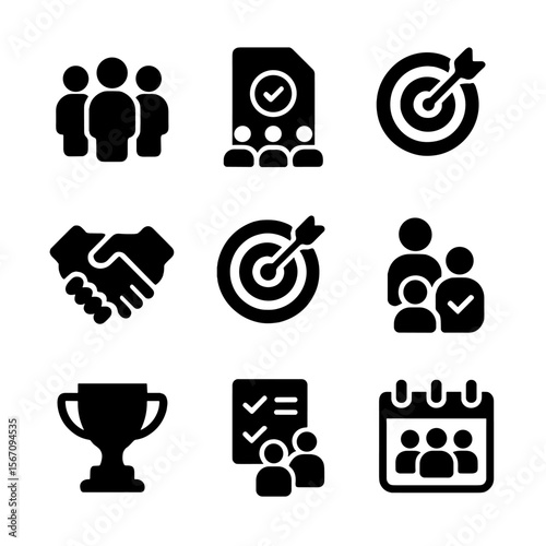 Teamwork Icon Set. Solid, filled icon set of team goal setting: group icon, shared task, goal circle, collaboration handshake,
