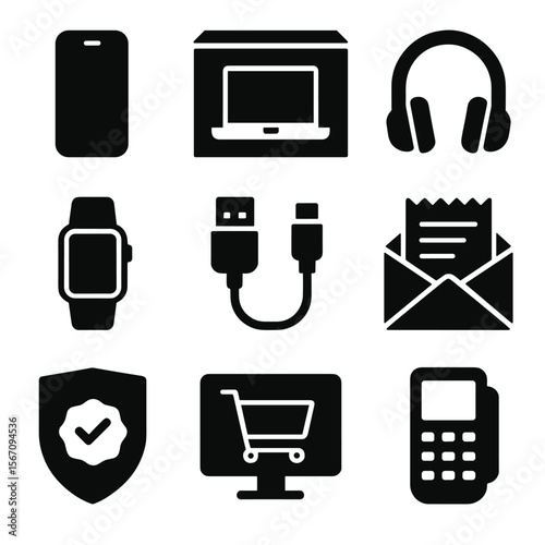 Tech and Shopping Icons. Solid, filled icon set of tech shopping spree: smartphone, laptop box, headphones, smartwatch, USB cable,