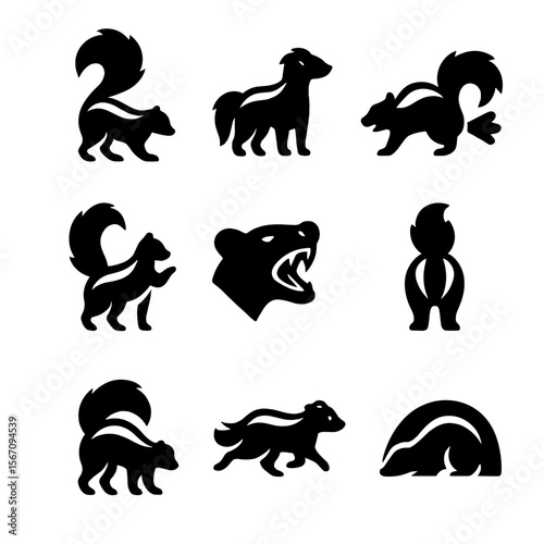 Skunk Defense Icons. Solid, filled icon set of skunk defense behaviors: tail raise, warning stance, spray burst, stomp warning,