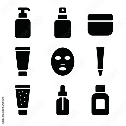 Skincare Icons Grid. Solid, filled icon set of skincare products: cleanser bottle, toner spray, moisturizer jar, sunscreen tube,