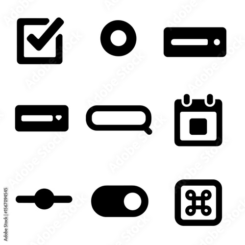 Input Controls Icons. Solid, filled icons set of input controls microinteractions: checkbox, radio button,