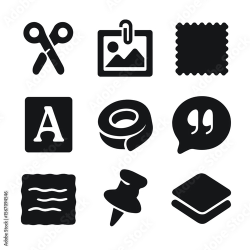 Inspirational Icon Grid. Solid, filled icons set of inspirational moodboard zones: scissors icon, clipped