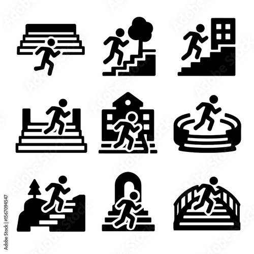 Outdoor Stairs Icons. Solid, filled icon set of outdoor stair sprint locations: stadium stairs, park steps, urban staircase,