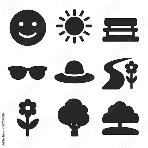 Outdoor Sunlight Icons. Solid, filled icon set of enjoying sunlight outdoors: smiling face, sun rays, park bench, open field,