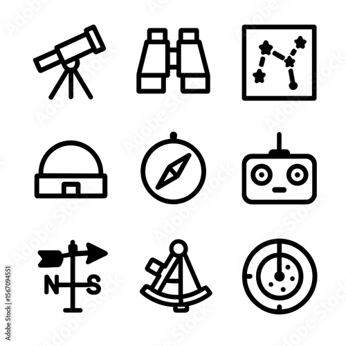 Sky Observation Tools Icons. Solid, filled icon set of sky observation tools: telescope, binoculars, star chart, planetarium,