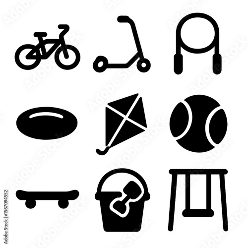 Outdoor Toy Icons. Solid, filled icon set of outdoor toys: bicycle, scooter, jump rope, frisbee, kite, ball, skateboard, sand