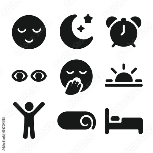 Sleep and Wake Icons. Solid, filled icon set of sleep and wakeup symbols: sleeping face, moon with stars, alarm ringing, open eyes