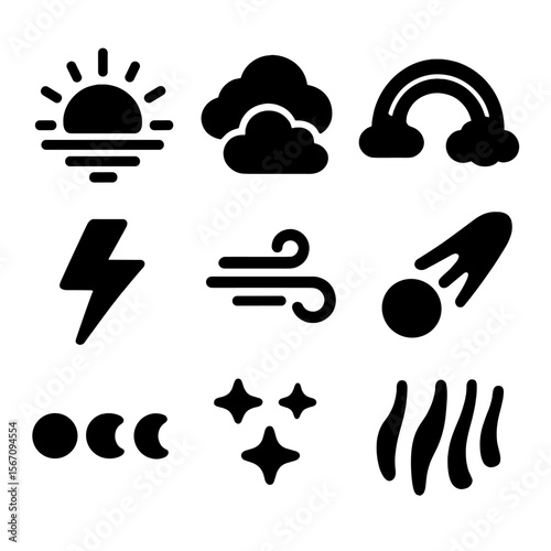 Sky Phenomena Icons. Solid, filled icon set of sky phenomena at dusk: sun setting, clouds, rainbow, lightning, wind, comet, moon