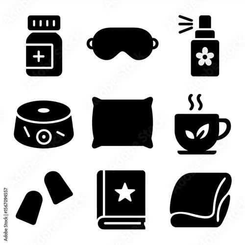 Sleep Aid Icons. Solid, filled icon set of sleep aid items: melatonin bottle, eye mask, lavender spray, white noise machine,
