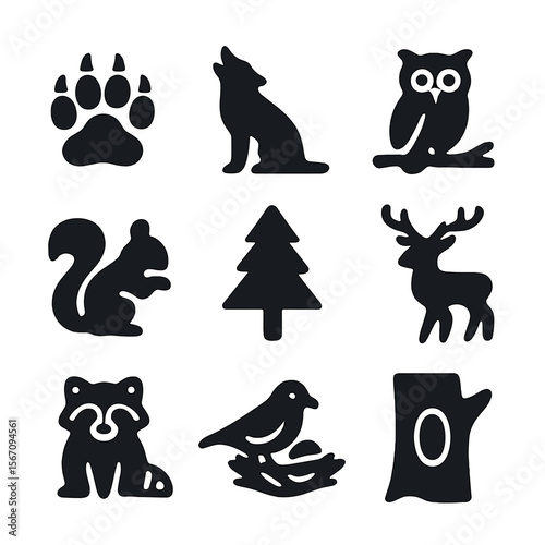 Outdoor Wildlife Icons. Solid, filled icon set of outdoor wildlife encounters: bear paw, howling wolf, owl on branch, squirrel,