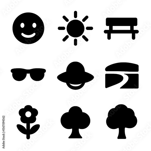 Outdoor Sunlight Icons. Solid, filled icon set of enjoying sunlight outdoors: smiling face, sun rays, park bench, open field,