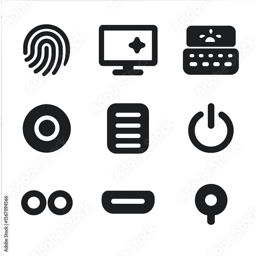 Tech Icons Grid. Solid, filled icon set of mobile and laptop hardware features: fingerprint sensor, retina display, keyboard