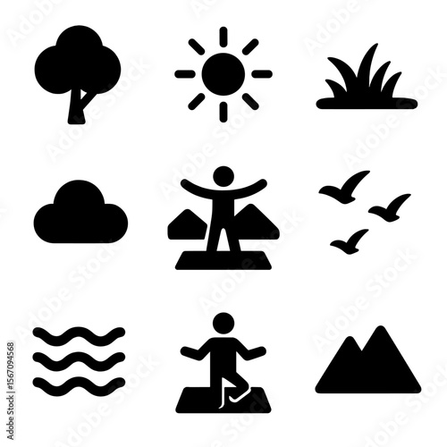 Outdoor Yoga Icons. Solid, filled icon set of outdoor yoga practice: tree backdrop, grass field, sun icon, outdoor mat, birds