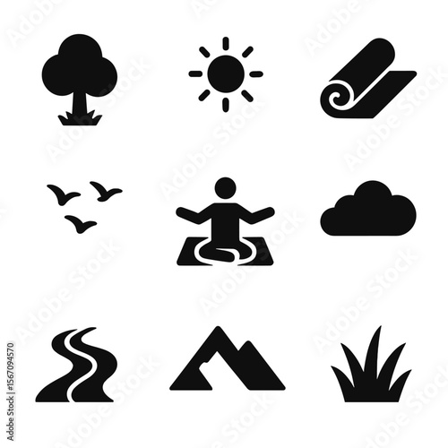 Outdoor Yoga Icons. Solid, filled icon set of outdoor yoga practice: tree backdrop, grass field, sun icon, outdoor mat, birds