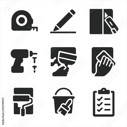 Installation Process Icons. Solid, filled icons set of installation process steps: measuring tape, marking