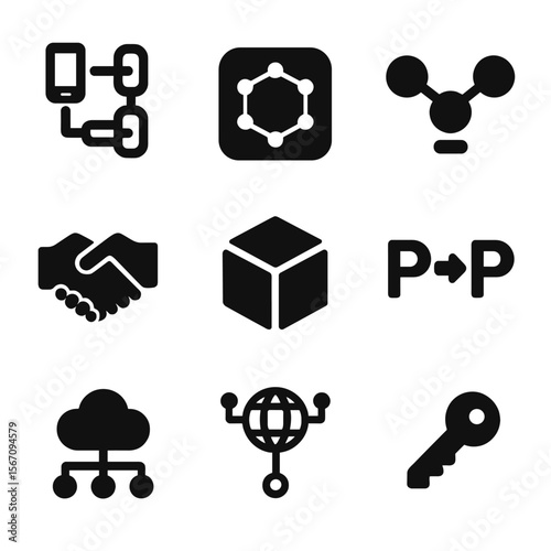 P2P Technologies Icons. Solid, filled icon set of peer-to-peer technologies: device chain, decentralized app icon, node handshake,