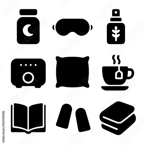 Sleep Aid Icons. Solid, filled icon set of sleep aid items: melatonin bottle, eye mask, lavender spray, white noise machine,