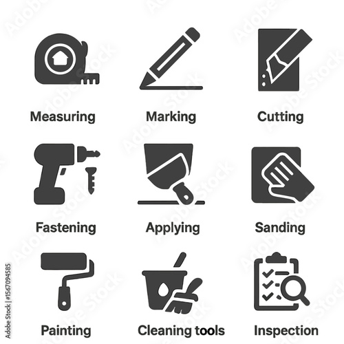 Installation Process Icons. Solid, filled icons set of installation process steps: measuring tape, marking