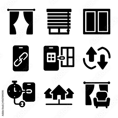 Smart Curtain Icons. Solid, filled icon set of curtain and blind integration: curtain icon, blinds icon, dual window setup,
