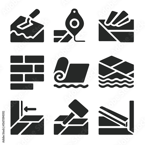 Installation Process Icons. Solid, filled icons set of installation processes: subfloor preparation, chalk