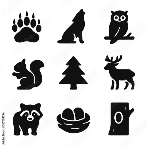 Outdoor Wildlife Icons. Solid, filled icon set of outdoor wildlife encounters: bear paw, howling wolf, owl on branch, squirrel,