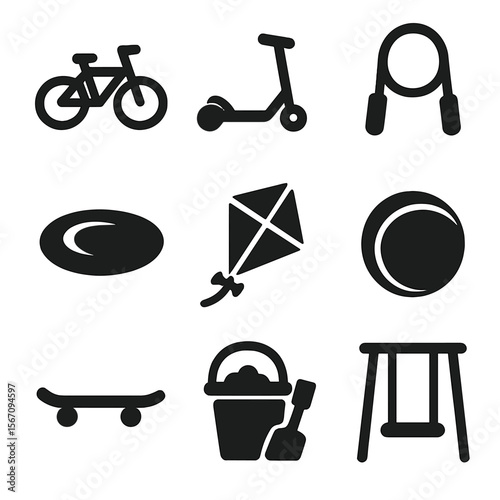 Outdoor Toy Icons. Solid, filled icon set of outdoor toys: bicycle, scooter, jump rope, frisbee, kite, ball, skateboard, sand