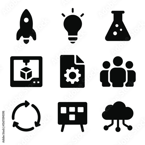 Tech Innovation Icons. Solid, filled icon set of tech innovation and trends: startup rocket, lightbulb idea, innovation lab,