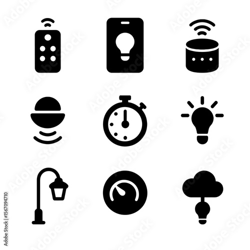 Smart Lighting Icons. Solid, filled icon set of smart lighting control: remote control, app, voice assistant, motion detector,