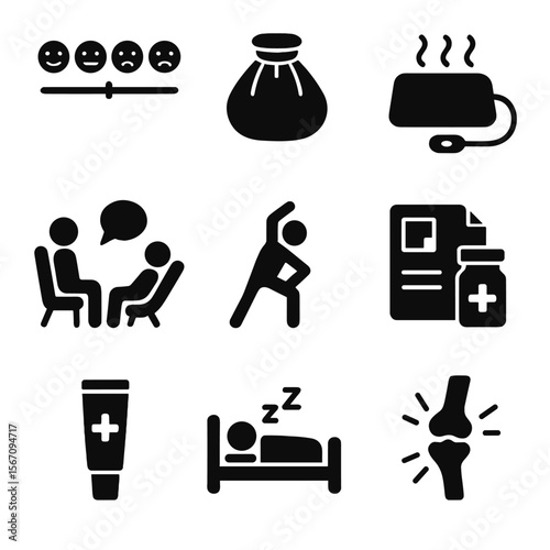 Pain Management Icons. Solid, filled icon set of pain management techniques: pain scale chart, ice pack, heating pad, therapy