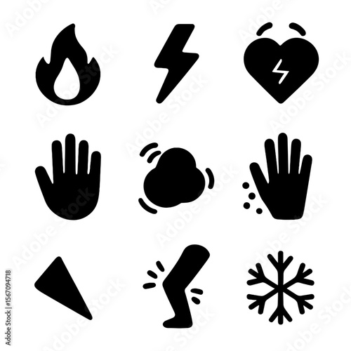 Pain Icon Set. Solid, filled icon set of pain symptoms and sensations: burning flame, electric bolt, throbbing heart, numbness