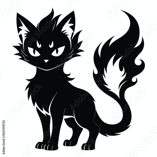 Elegant Black Cat Silhouette with Fluffy Tail and Mystical Eyes Expressing Charm and Mystery