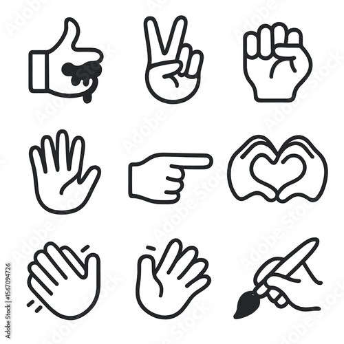 Painted Hand Icons. Solid, filled icon set of hand gestures with paint: thumbs up with paint, peace sign painted fingers, fist