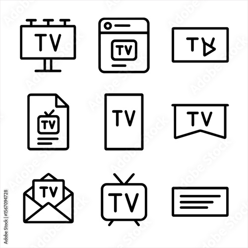 Television Network Icons. Solid, filled icon set of Television network promotional materials: billboard, social media post, teaser