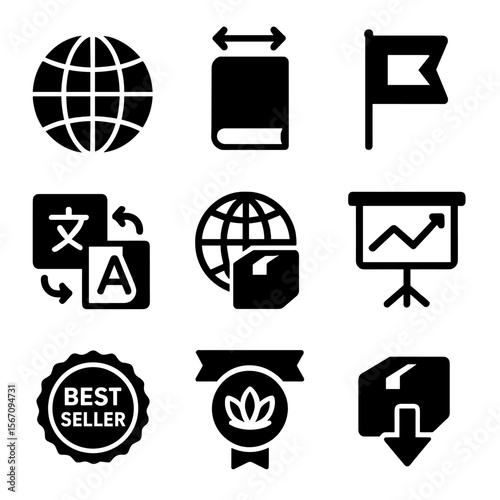 International Bestseller Icons. Solid, filled icons set of international bestseller icons: globe icon,