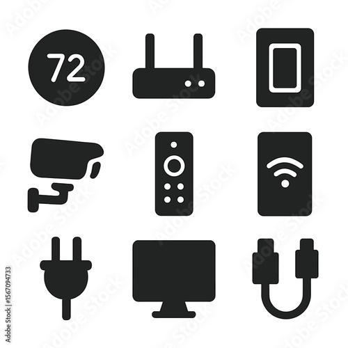 Smart Home Icons. Solid, filled icon set of home technology assistance: smart thermostat, Wi-Fi router, light switch, security