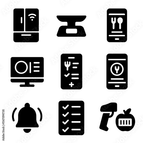 Smart Kitchen Icons. Solid, filled icon set of smart kitchen management: smart fridge, digital scale, recipe app, kitchen display,