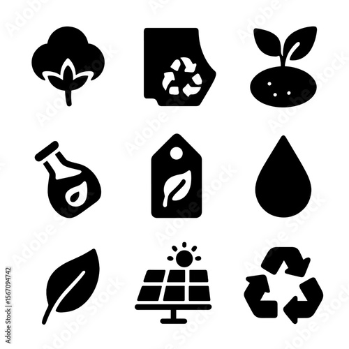 Textile Sustainability Icons. Solid, filled icon set of textile sustainability: organic cotton, recycled fabric, biodegradable