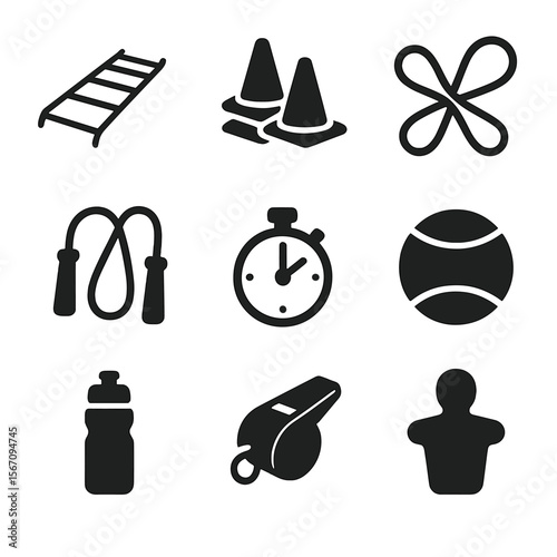 Tennis Training Icons. Solid, filled icon set of tennis training tools: agility ladder, cones, resistance band, jump rope,