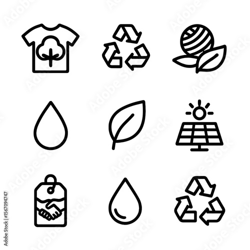 Textile Sustainability Icons. Solid, filled icon set of textile sustainability: organic cotton, recycled fabric, biodegradable